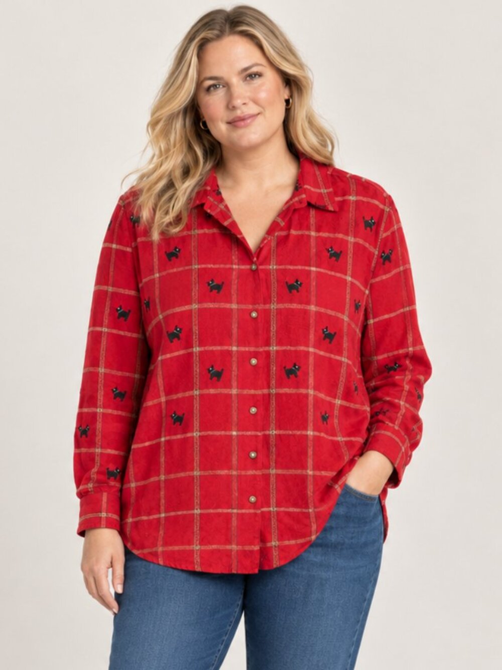Karen Scott Vintage Cotton Plaid Shirt Scottish Terrier Dog Size 2X in Red